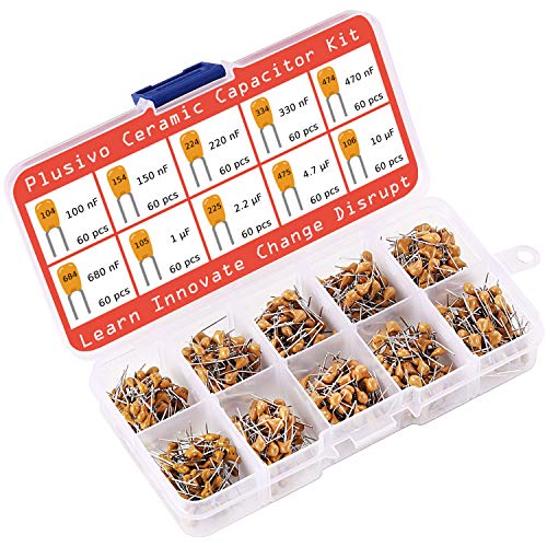 Book Cover Ceramic Capacitor Assortment Kit - Set of 600 Small Assorted Capacitors from 100 nF to 10 uF in a Box - Non-Polarized Disc Capacitor Component Set from Plusivo