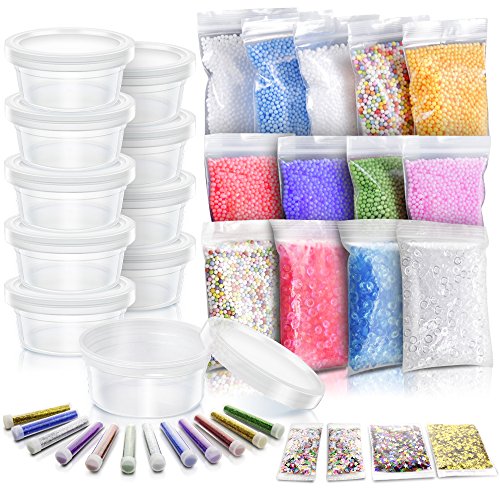 Book Cover Slime Making Materials kit, Teenitor 10 pcs Slime Storage Containers and12 pcs Glitter Jars, 10 Pack Foam Beads, 3 pcs Fishibowl Beads, 2 Pack Confetti& 2 Pack Fruits Pieces for Art DIY Slime