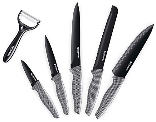 Kitchenized 5 Piece Knife Set with Bonus Peeler, Sharp Stainless Steel Blades and Carbon Fiber Design Handle, Rust proof, Stain Resistant, with Non-Stick Coating Knives