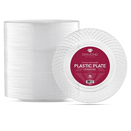 40 CRYSTAL CLEAR PLASTIC PLATES | 10.25 Inch Disposable Plates | Fancy Large Dinner Plates | Hard Round Party Plates | Heavy Duty Wedding Plates | Premium Heavyweight Big Catering Plates [Diamond]