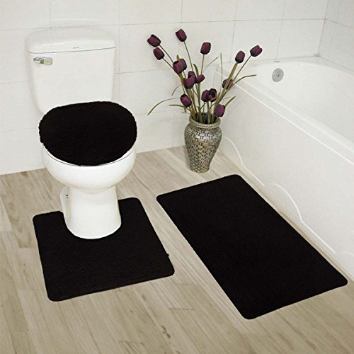 Elegant Home 3 Piece Bathroom Rug Set Bath Rug, Contour Mat, Lid Cover Non-Slip with Rubber Backing Solid Color # 6 (Black)