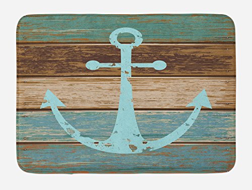 Book Cover Ambesonne Anchor Bath Mat, Timeworn Marine on Weathered Wooden Planks Rustic Nautical Theme, Plush Bathroom Decor Mat with Non Slip Backing, 29.5