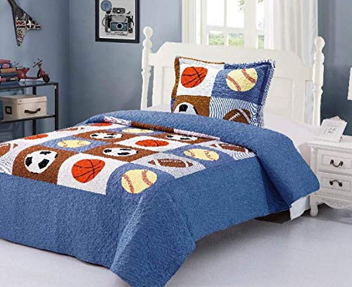 Book Cover Golden Linens Twin Size Kids Bedspread Quilts for Teens Boys Printed Bedding Coverlet Sport American Football Basketball Baseball Multi Color Light Blue, Orange Light Brown #Twin 16-01