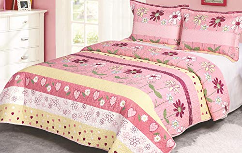 Book Cover Golden Linens Full Size Kids Bedspread Quilts Throw Blanket for Teens Girls Bed Printed Bedding Coverlet Floral Multi Color Light Pink, Yellow, Hot Pink & Sage # 16-02