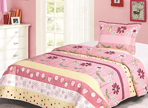 Book Cover Golden Linens Twin Size Kids Bedspread Quilts Throw Blanket for Teens Girls Bed Printed Bedding Coverlet Floral Multi color Light Pink, Yellow, Hot Pink & Sage # Twin 16-02