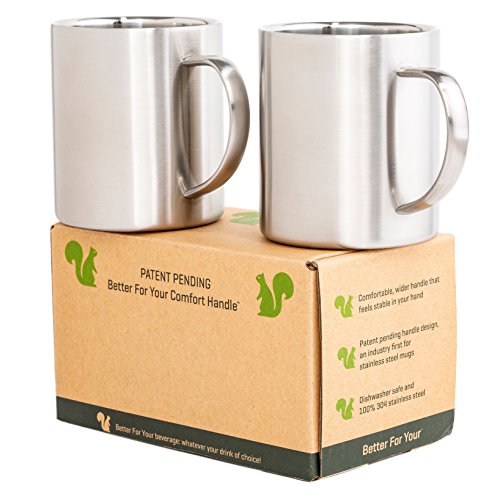 Stainless Steel Mugs - Double Wall - Comfortable Wider Handle 13.5oz Metal Coffee Mug Tea Cups - for Home Camping Outdoors RV Gift - Shatterproof Dishwasher Safe Set of 2