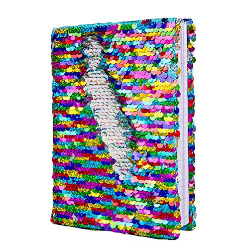 Book Cover Modcon Magic Sequin Journal Reversible Sequin Office Notebook Mermaid Notepad School Diary for Girls Adults Festival Birthday (Rainbow/Silver)