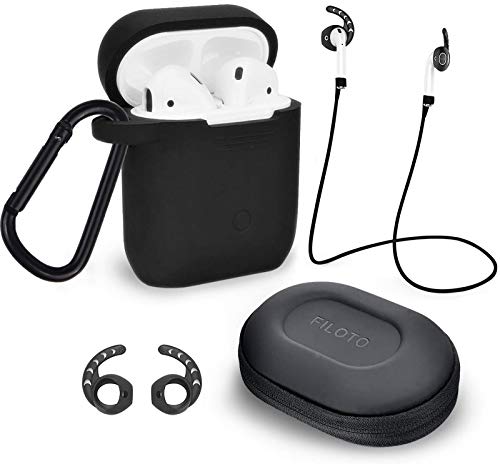 Book Cover Case for Airpods Accessories Set, Filoto Airpod Silicone Case Cover with Keychain/Strap/Earhooks/Accessories Storage Travel Box for Apple Airpods 2&1, Best Gift for Your Air Pod (Black)