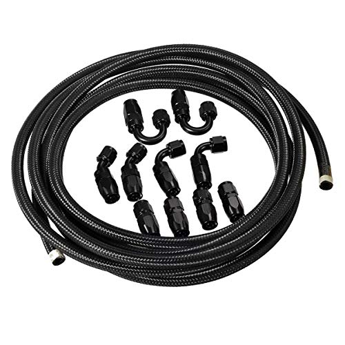 Book Cover Vincos 16Ft 6 an AN6 Nylon and Stainless Steel Braided Oil Gas Fuel Hose Fuel Line + 10pcs 6an Hose Fitting Kit Black Leak Free