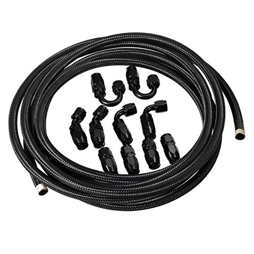 Vincos 16Ft 6 an AN6 Nylon and Stainless Steel Braided Oil Gas Fuel Hose Fuel Line + 10pcs 6an Hose Fitting Kit Black Leak Free