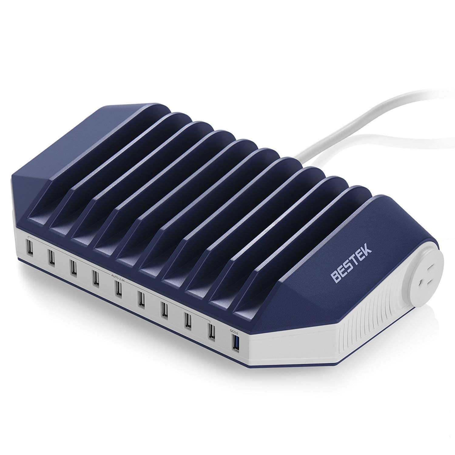BESTEK Power Station with Quick Charge 3.0, 66W 10 Port USB Charging Station Multi Charger Organizer with 2-Outlet Power Strip for Multiple Devices