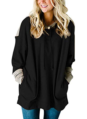 Book Cover SEBOWEL Women's Waffle Knit Splice Strappy Long Sleeve Hoodies Sweatshirts with Pocket Plus Size