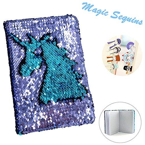 Mermaid Magic Sequin Journal,Two-color Reversible Sequin Diary Notebook with 7 Pieces Chinese Style Bookmark for Kids,Children,Girls,Boys,Adults (Purple-Blue)