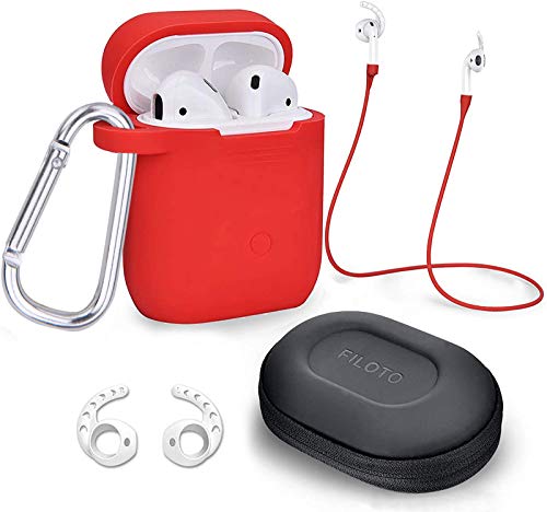 Case for Airpods Accessories Set, Filoto Airpod Silicone Case Cover with Keychain/Strap/Earhooks/Accessories Storage Travel Box for Apple Airpods 2&1, Best Gift for Your Air Pod (Red)