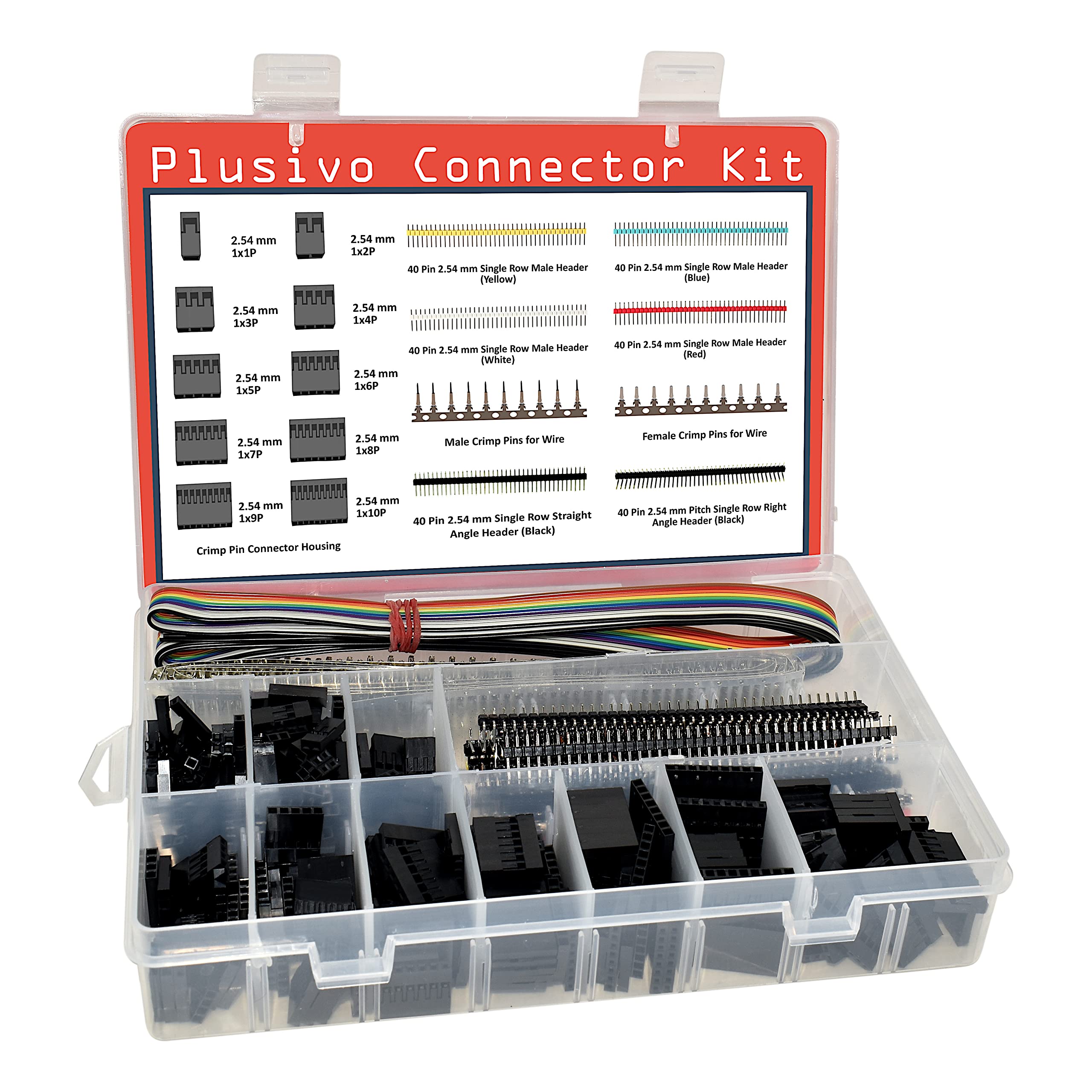 Dupont Connector Kit - 1004pcs Crimp Connector Kit with 2.54 mm Crimp Pin Connector Housings, Single Row Male Headers, Male/Female Crimp Pins and Ribbon Cable from Plusivo