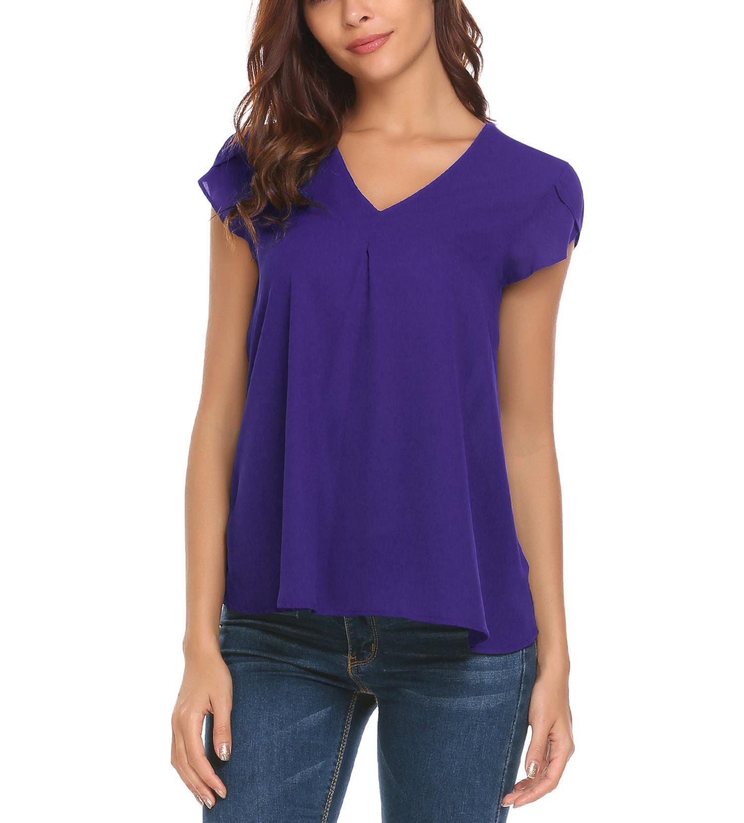 Concep Women Casual Chiffon Blouse V Neck Short Sleeve Simple Top Shirts (S-XXL)