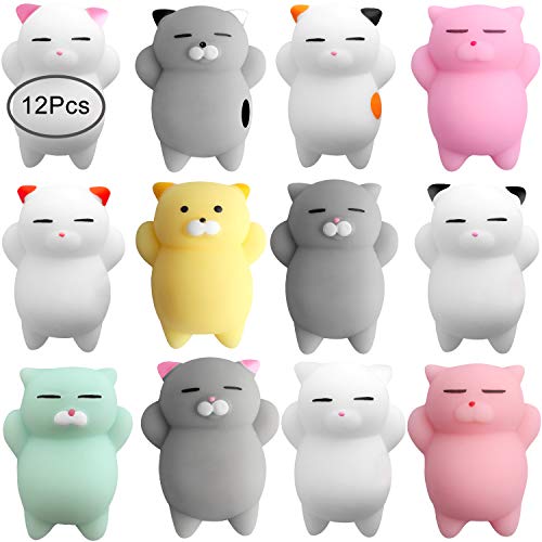Outee 12 Pcs Mochi Animals Toys Cute Squishies Mochi Cat Stress Relief Toys Mochi Animals Party Favors for Kids Mini Animals Cat Easter Gifts for Kids Adults