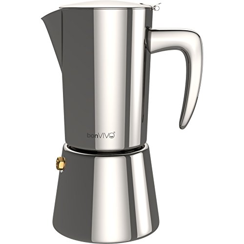 bonVIVO Intenca Stovetop Espresso Maker, Italian Espresso Coffee Maker, Stainless Steel Espresso Maker Machine For Full Bodied Coffee, Espresso Pot For 5-6 Cups, Moka Pot With SILVER Chrome Finish