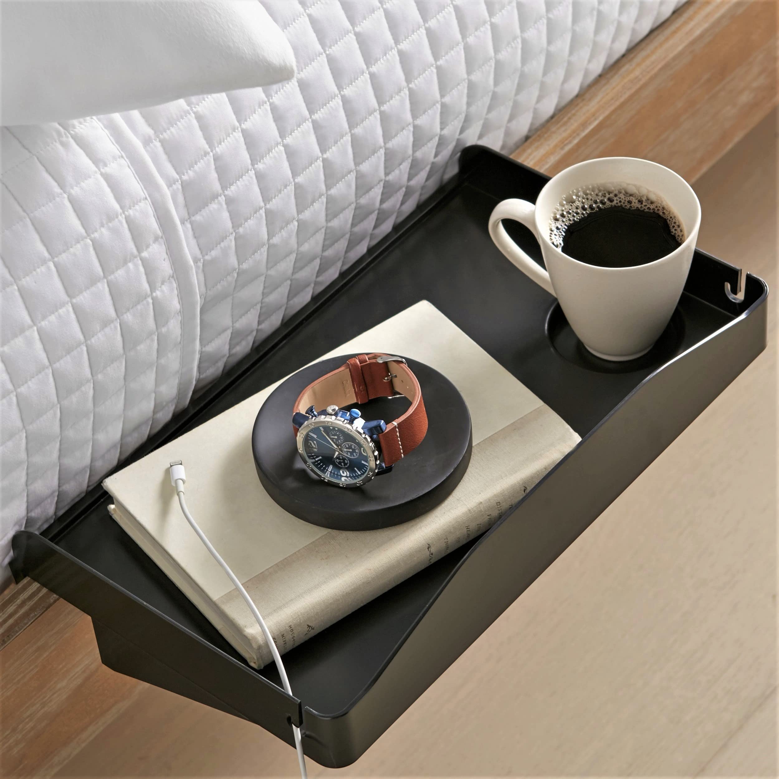 Modern Innovations Bedside Shelf for Bed, College Dorm Room, Bunk Bed Shelf for Top Bunk, Clip On Nightstand Tray with Cord and Cup Holder, Bunkbed Caddy for Table Storage (Black)