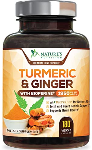 Turmeric Curcumin with BioPerine & Ginger 95% Standardized Curcuminoids 1950mg - Black Pepper for Max Absorption, Natural Joint Support, Nature's Tumeric Extract Supplement Non-GMO - 180 Capsules