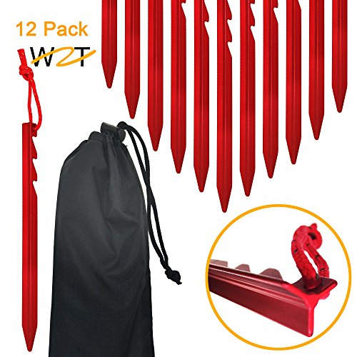 WZT 12 Pcs Tent Stake. Heavy Duty Lightweight Strong Aluminum Alloy pegs for Camping, rain tarps, Hiking, Backpacking. Essential Camping & Survival Gear. ENO Accessory. (red)