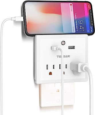 Multi Plug Outlet Extender with USB Wall Charger and Night Light, 3 Electrical Outlet Splitter 2 USB Phone Charger Wall Plug for Cruise Essentials, Multiple Power Outlet Expander with Charging Station