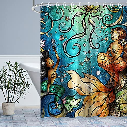 LIVILAN Mermaid Fabric Shower Curtain, Kids Bath Curtain Set with 12 Hooks Privacy Bathroom Curtain for Decoration Polyester Machine Washable 72x72 Inches, Blue