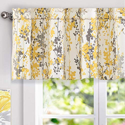 Book Cover DriftAway Leah Abstract Floral Blossom Ink Painting Thermal Insulated Window Curtain Valance Rod Pocket 52 Inch by 18 Inch Plus 2 Inch Header Yellow Gray 1 Pack