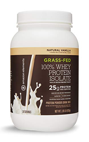 Amazon Elements Grass-Fed 100% Whey Protein Isolate Powder, Natural Vanilla , 2.05 lbs (30 Servings)