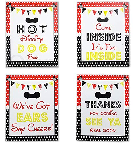 Book Cover Mickey Party Sign Set of 4-8 x 10 inch Mickey Mouse Party Supplies Birthday Sign Printed in Card stock | Mickey Mouse Clubhouse Inspired Door Signs | Food Labels Disney Decorations Hot Dog Bar Decor