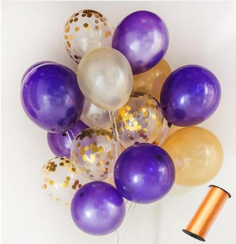 Sogorge 110 Party Balloons + 100 Yards Gold Curling Ribbon Roll Set 34 Gold Balloons | 33 White Balloons | 33 Purple Balloons | 10 Gold Confetti Balloons - 12-Inch Opaque Latex Balloons for Parties