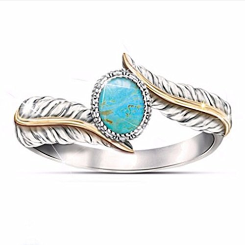 GUAngqi Women's Turquoise Feather Ring Cocktail Party Rings Bridal Wedding Size 6-10,Size 8
