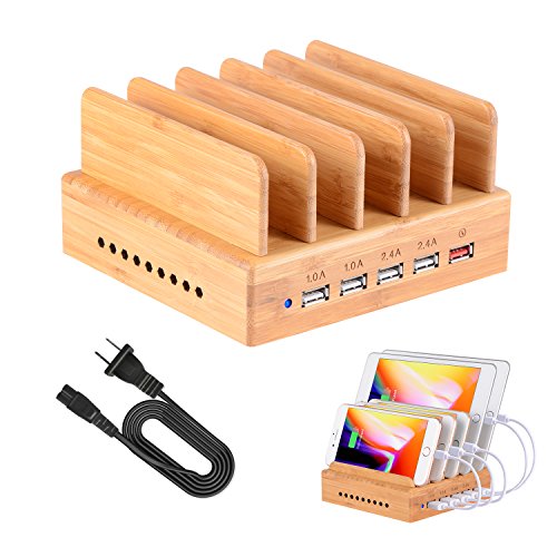 Fastest Charging Station for Multiple Devices, Othoking Bamboo Charging Station with Quick Charge 3.0 & 5 Port USB Charger Compatible with Cellphone,Pad,Tablets
