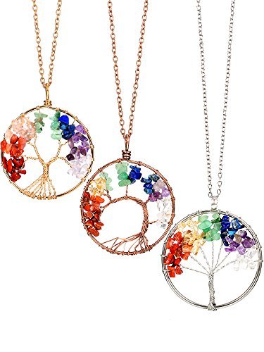 3 Pieces Life Tree Pendant Necklace Handmade Crystal Necklace Jewelry with 50 cm/ 19.7 Inch Long Chain, Gold, Bronze and Silver