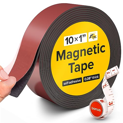 Flexible Magnetic Tape - 1 Inch x 10 Feet Magnetic Strip with Strong Self Adhesive - Ideal Magnetic Roll for Craft and DIY Projects - Sticky Magnets for Fridge and Dry Erase Board