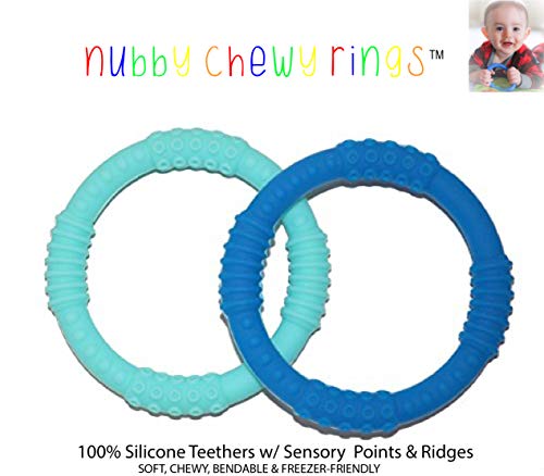 Book Cover Teether Rings (2 Pack) - Non Toxic, Food Grade Silicone - BPA, Phthalate & Lead Free - Eco Friendly - Teething Relief for Sore Gums (Blue & Teal)
