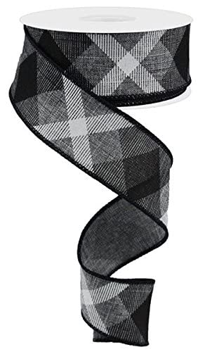 Plaid Canvas Wired Edge Ribbon, 10 Yards (Grey, Black, White, 1.5 Inches)