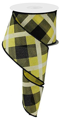 Plaid Canvas Wired Edge Ribbon, 10 Yards (Yellow, Black, White, 2.5")