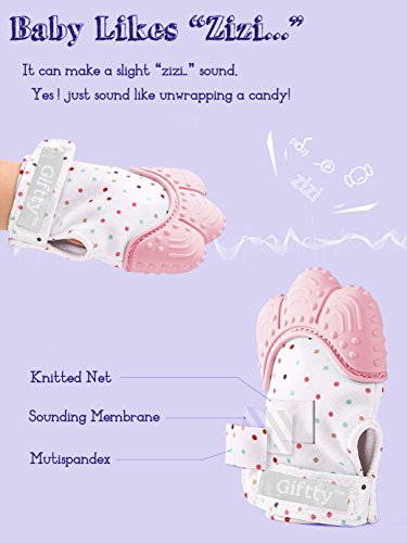 Book Cover Baby Teething Mittens Self Soothing Pain Relief Mitt, Stimulating Teether Toy, Prevent Scratches Protection Glove with Travel Bag, Stay on Baby's Hand, Unisex for 0-6 Months Baby (2 Mittens - Pink)