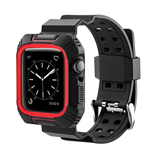 Book Cover MAIRUI Compatible with Apple Watch Band Case 42mm Wristband Strap Rugged Protective Replacement for Apple Watch Series 6/5/4/3/2/1, iWatch Sport/Edition (Black&Red)