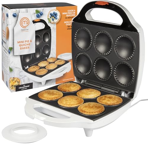 MasterChef Mini Pie & Quiche Maker- Baker Cooks 6 Small Pies or Quiches in Minutes- Non-stick Cooker w Dough Cutting Circle for Easy Measurement & Filling, Must Have Machine for Desserts & Appetizers