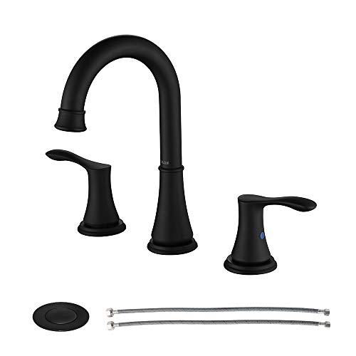 Book Cover PARLOS 2-Handle 8 inch Widespread Bathroom Faucet with Valve and Pop Up Drain Assembly and cUPC Faucet Supply Hoses, Matte Black, Demeter 13653