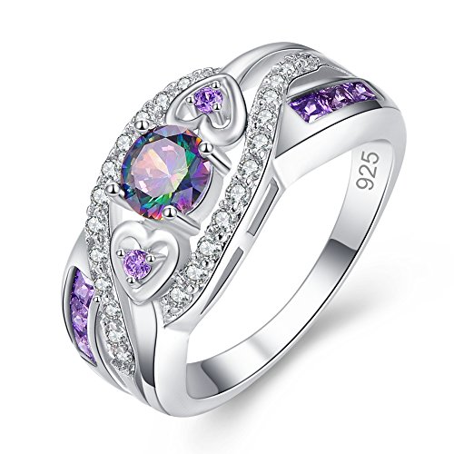 Veunora Gorgeous Silver Plated 5x5mm Created Rainbow Topaz and Amethyst Cubic Zirconia Filled Heart Twisted Ring Band for Women Ladies Girls Size 8