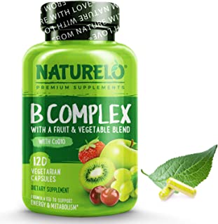 NATURELO B Complex - Whole Food - with Vitamin B6, Folate, B12, Biotin - Vegan - Vegetarian - Best Natural Supplement for Energy and Stress - High Potency - Non GMO - Gluten Free - 120 Capsules