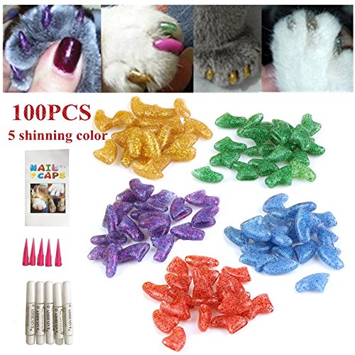 Ninery Ave 100Pcs Cat Nail Caps Pet Soft Claws Control Paws of 5 Different Shinning Crystal Colors and 5Pcs Adhesive Glue 5pcs Applicator with Instructions Support (L)
