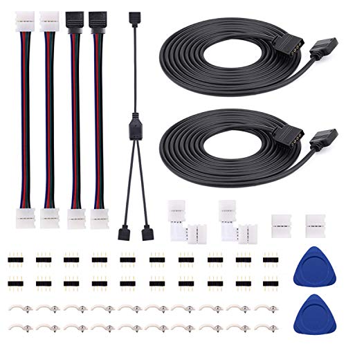 Book Cover 5050 4Pin LED Strip Connector Kit with 2 Way RGB Splitter Cable, 6.6ft RGB Extension Cable, Strip to RGB Controller Jumper, LED Strip to Strip Jumper, L Shape Connectors, Gapless Connector