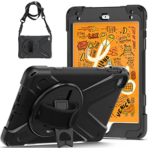 TSQ iPad Mini 4 Case for Kids with Strap 2015 | iPad Mini 5 Case 2019 with 360 Rotating Stand+Hand Strap | Heavy Duty Silicone Case for iPad Mini 5th/4th Generation 7.9 Inch | Black