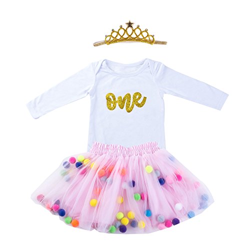 Baby Girls 1st Birthday Outfit Glitter One Romper Balls Skirt Crown Headband