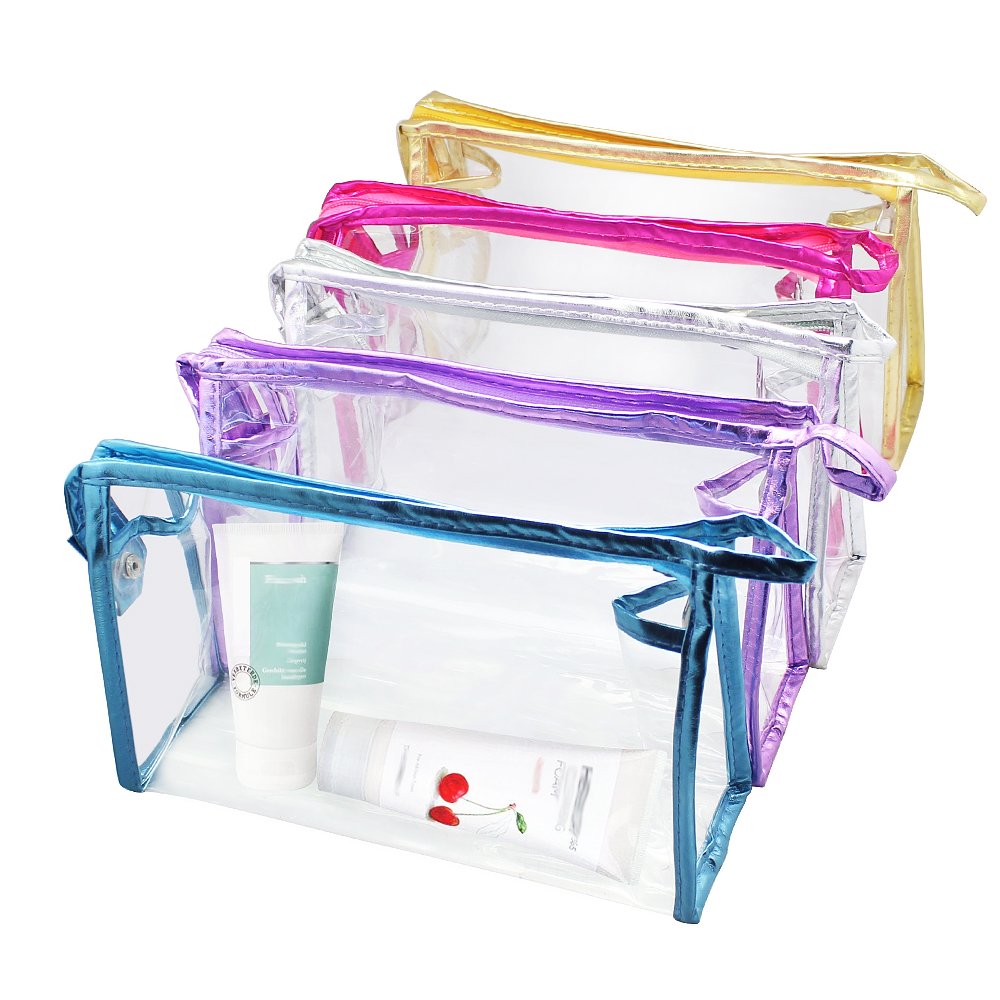 Meetory 5 Pcs Clear Waterproof Cosmetic Bag with Zipper, PVC Transparent Plastic Makeup Organizing Bags Travel Toiletry Pouch for Bathroom, Vacation and Organizing multicolor 5 Count (Pack of 1)