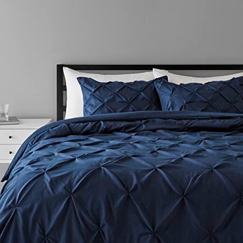 Book Cover Amazon Basics Pinch Pleat Down-Alternative Comforter Bedding Set - King, Navy Blue